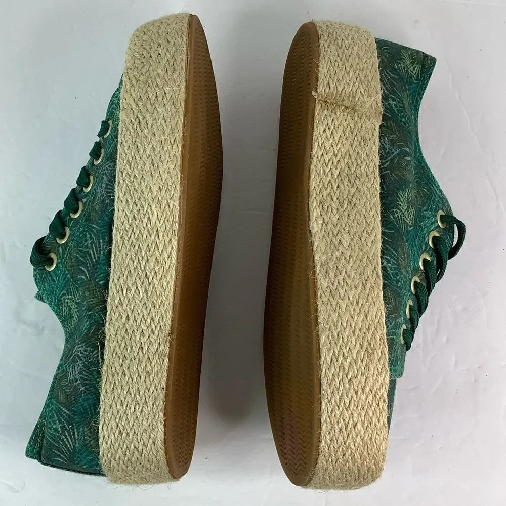 GEMO Round Toe Lace Tie Platform  Green/Leafs Print Espadrilles Sz 38/US 7.5